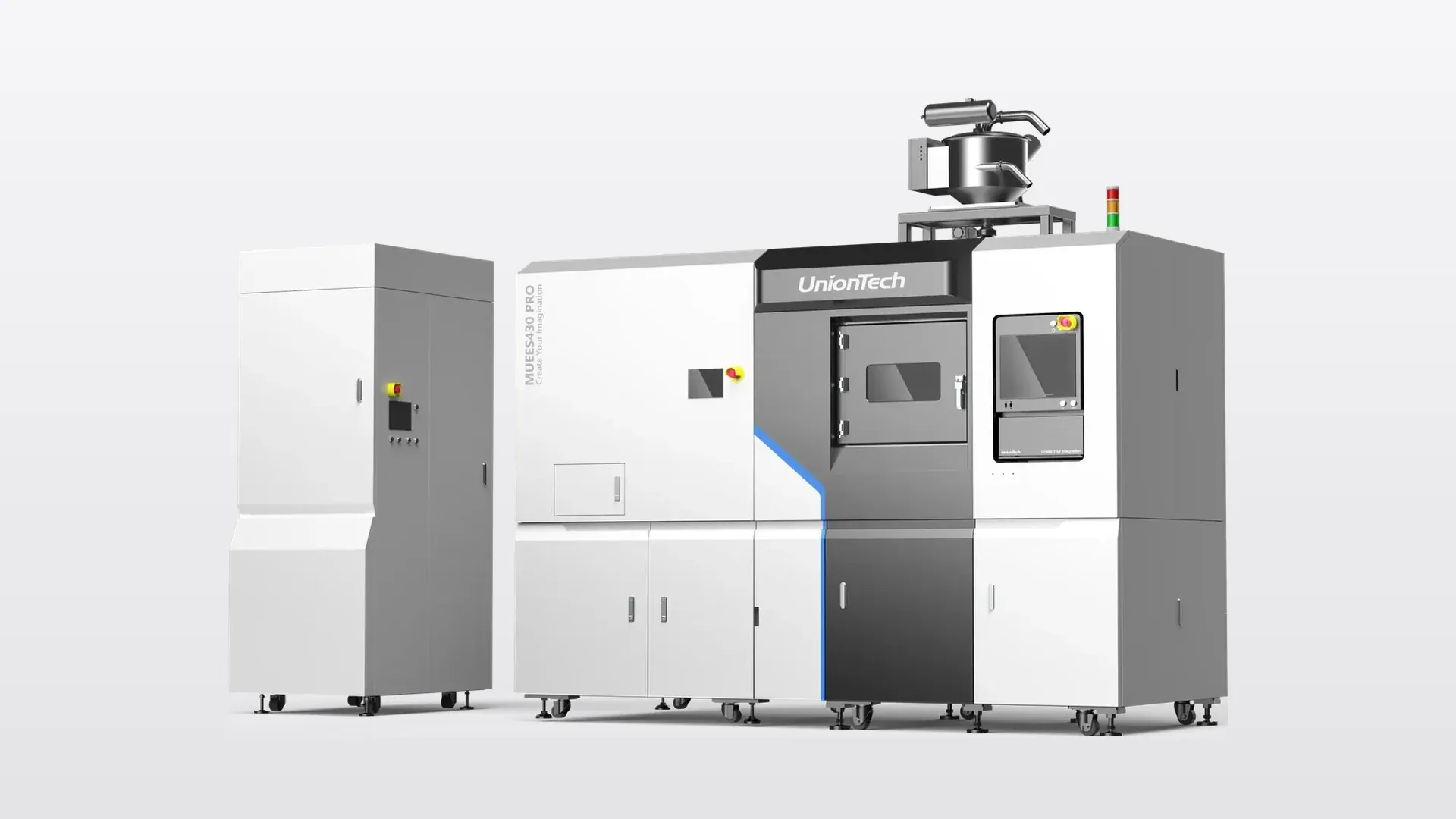 UnionTech MUEES430 PRO metal 3D printer beside its powder circulation unit